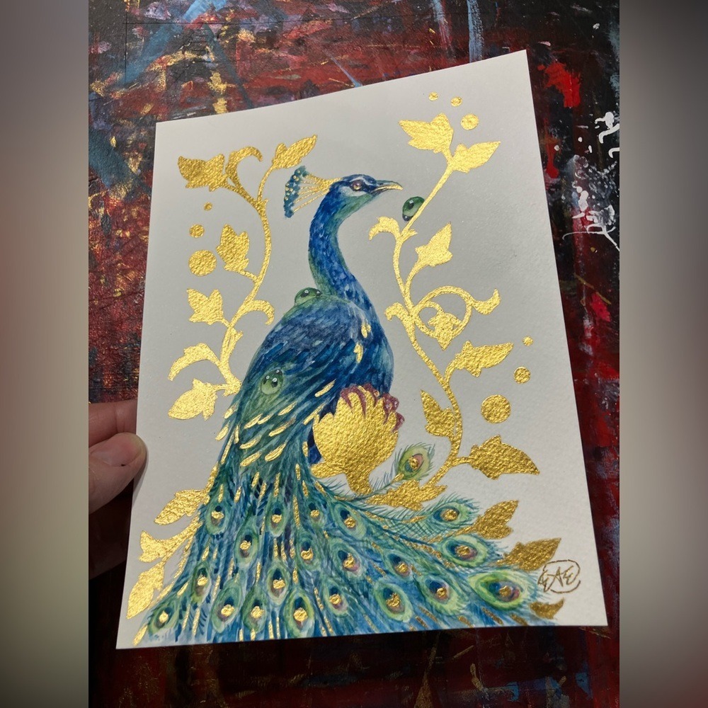 Original painting Peacock bird Art Gold Embellishment surrealism by artist EAE - Picture 5 of 8